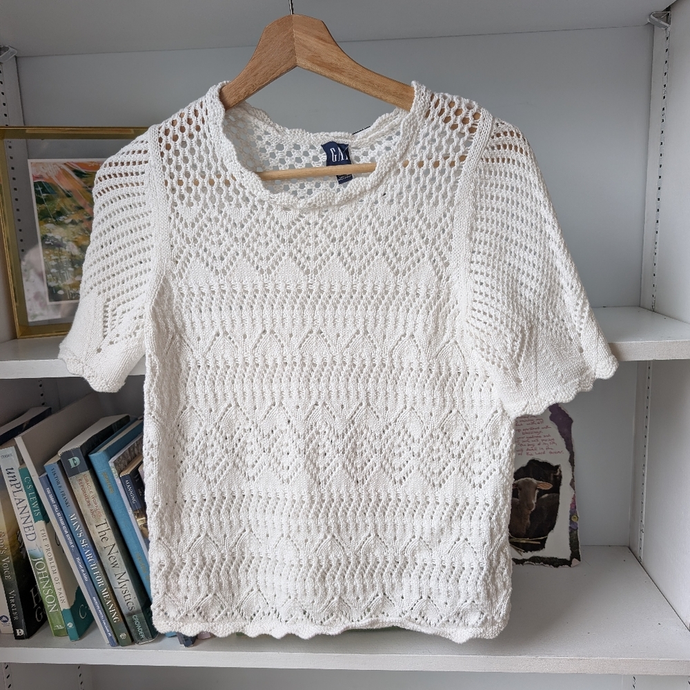 Y2K Gap Women's Top Open Knit Short Sleeve White Boho Cottagecore Hippy Cotton